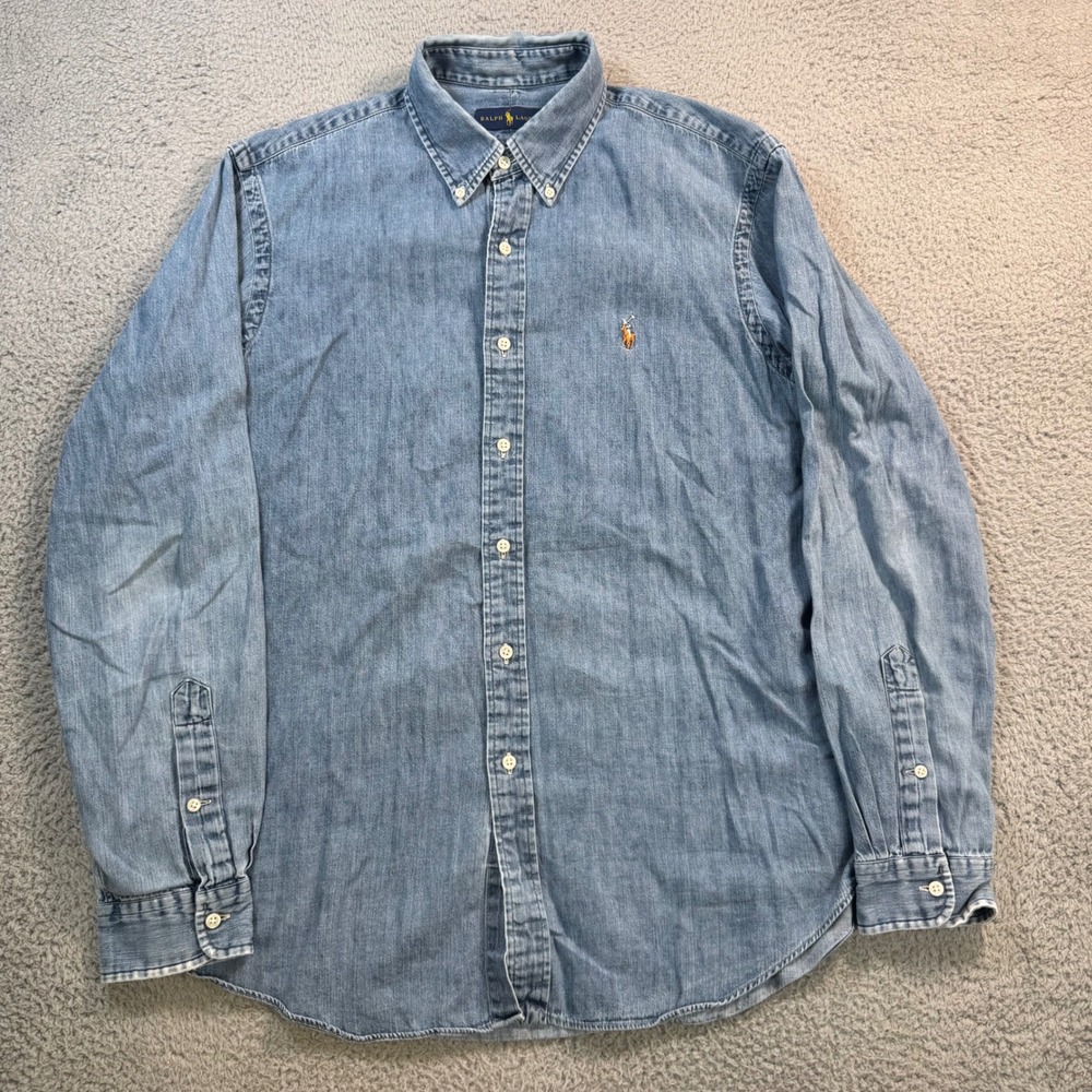Ralph Lauren Mens Large Light Wash Denim Button Down Shirt Blue Long Sleeve Pony